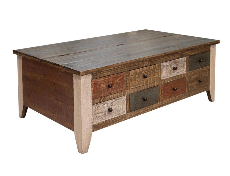 Antique Multicolor Cocktail Table w/8 Drawers in one side and lift top in the other side
