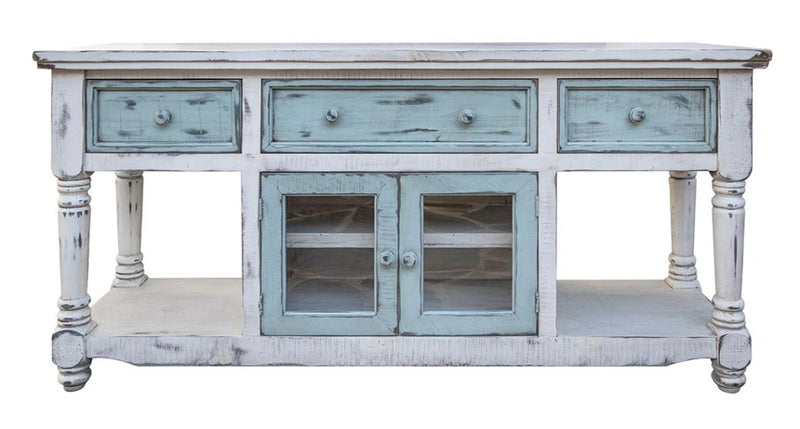 Aruba 70" TV Stand in White Finish, w/3 sky blue drawers and 2 sky blue doors