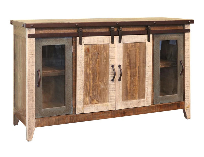 Antique Multicolor 60" TV Stand w/2 Glass doors w/ 1 middle shelf, 2 Sliding doors, w/2 shelves