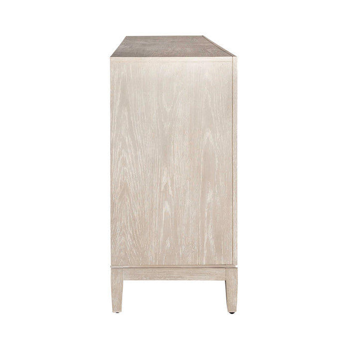 Kinsley 4 Door Accent Cabinet in Washed Taupe & Silver Champagne EST SHIP TIME APPX 4 WEEKS
