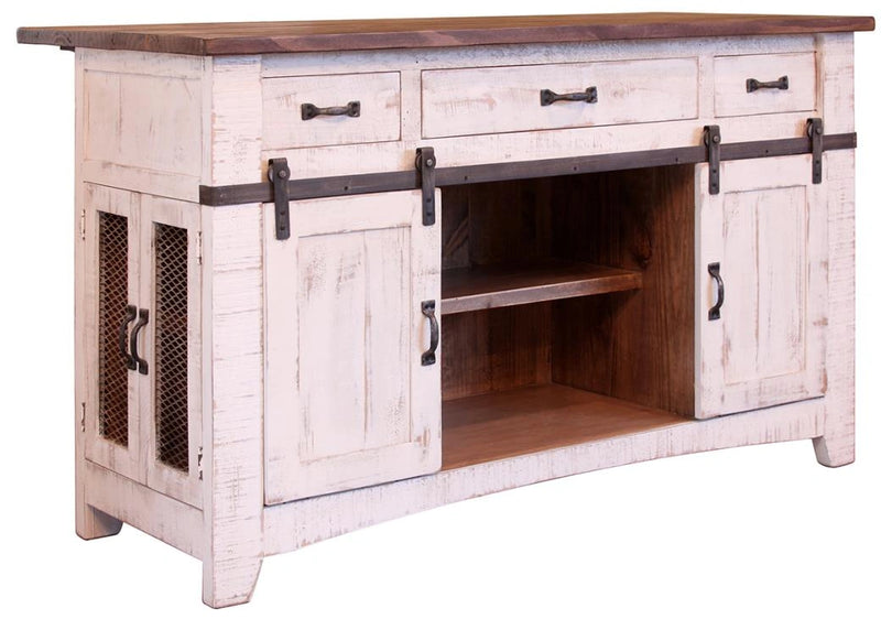 Pueblo White 3 Drawer Kitchen Island w/2 sliding doors, 2 Mesh doors on each side