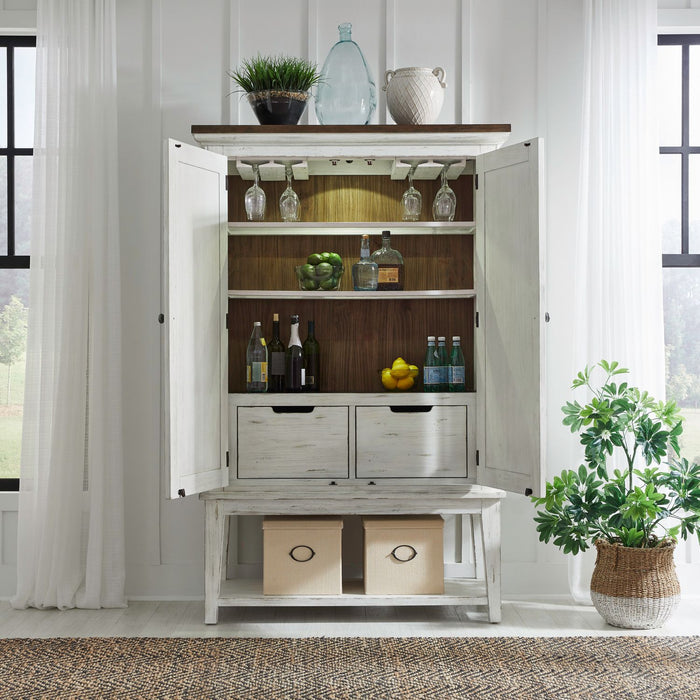 River Place Bar Cabinet in Riverstone White & Tobacco EST SHIP TIME APPX 4 WEEKS