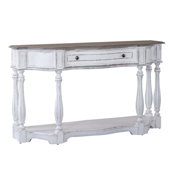 Magnolia Manor 56 Inch Hall Console Table in Antique White Base w/ Weathered Bark Tops
