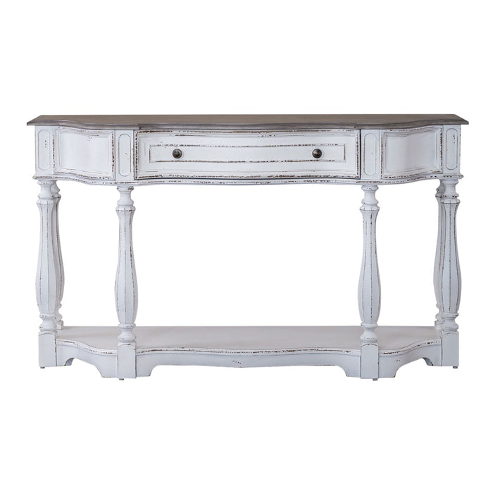 Magnolia Manor 56 Inch Hall Console Table in Antique White Base w/ Weathered Bark Tops