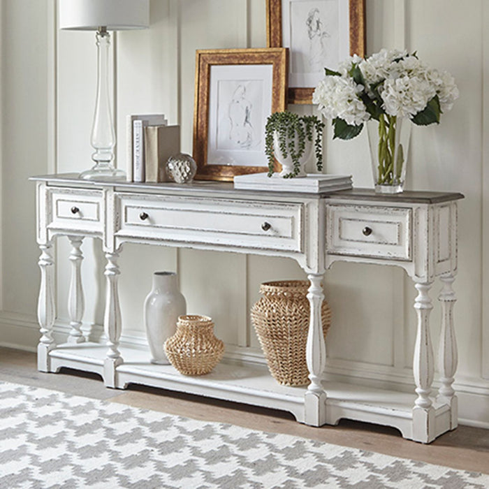 Liberty Furniture Magnolia Manor 72 Inch Hall Console Table in Antique White Base w/ Weathered Bark Tops image