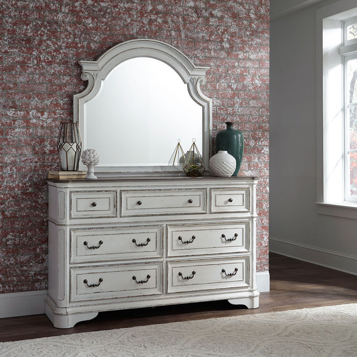 Magnolia Manor King California Upholstered Bed, Dresser & Mirror, Night Stand