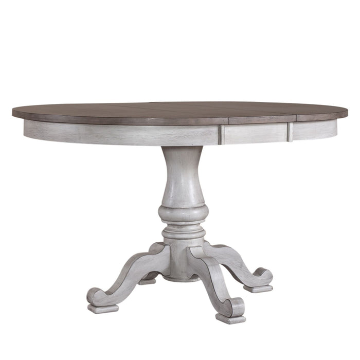 Ocean Isle Single Pedestal Table in Antique White with Weathered Pine