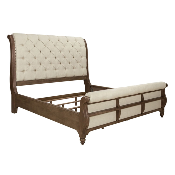Americana Farmhouse King California Sleigh Bed, Dresser & Mirror, Night Stand