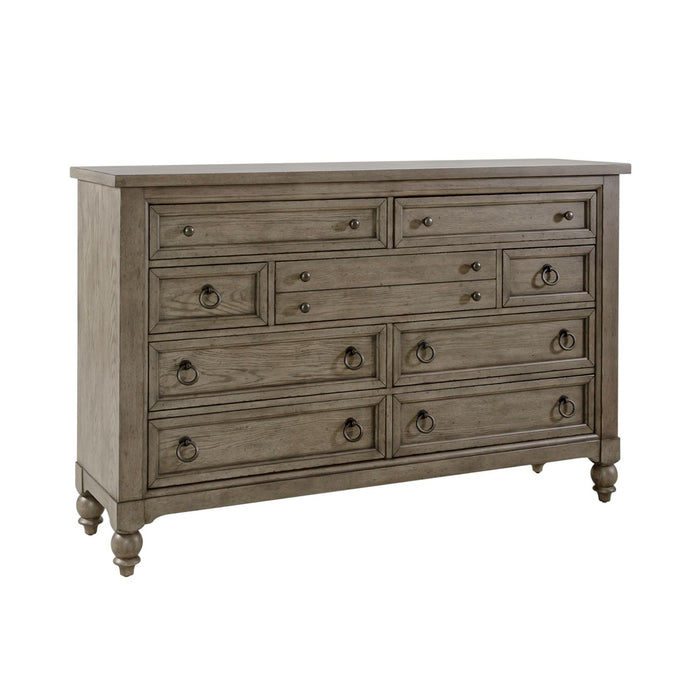 Americana Farmhouse 9 Drawer Dresser in Dusty Taupe and Black