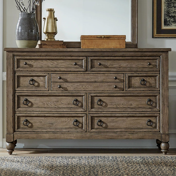 Liberty Furniture Americana Farmhouse 9 Drawer Dresser in Dusty Taupe and Black image