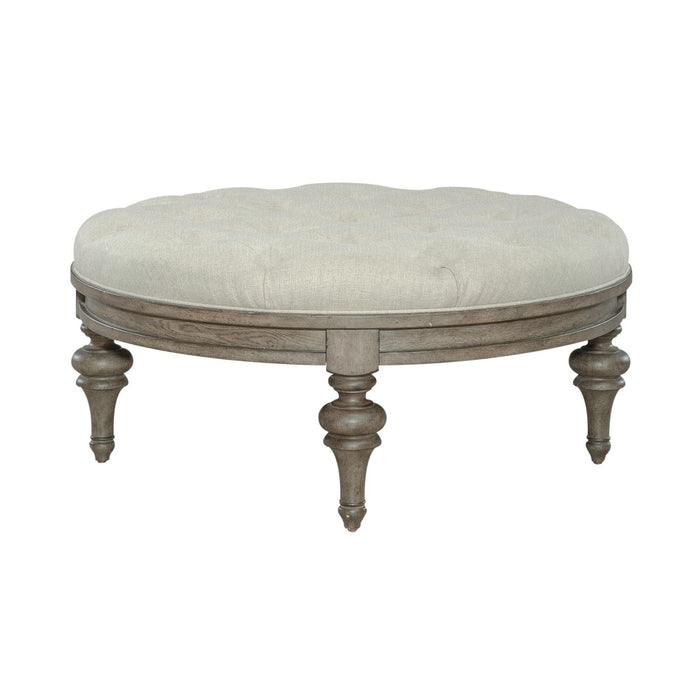 Americana Farmhouse Round Cocktail Ottoman in Dusty Taupe