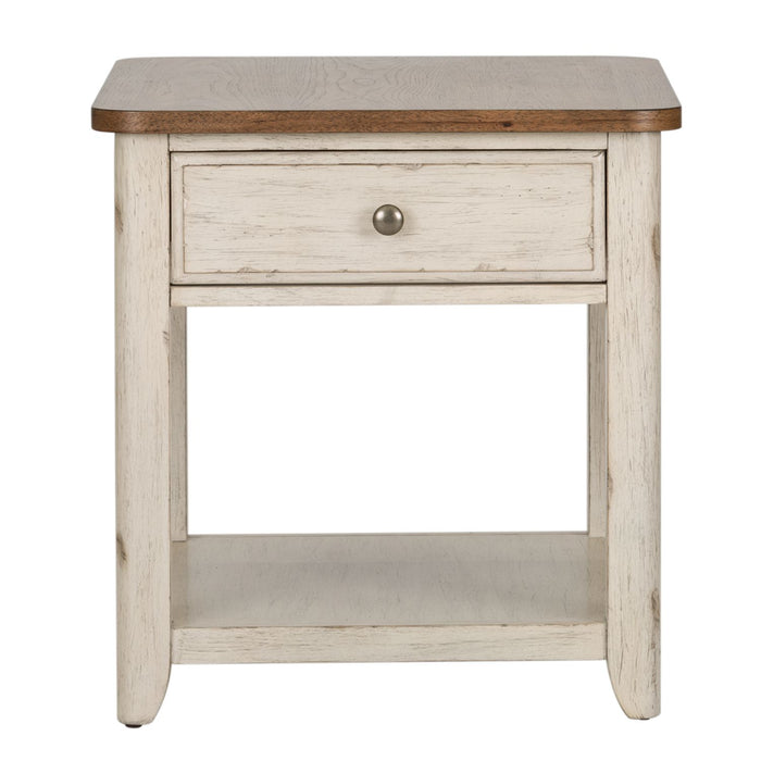 Farmhouse Reimagined End Table with Basket in Antique White