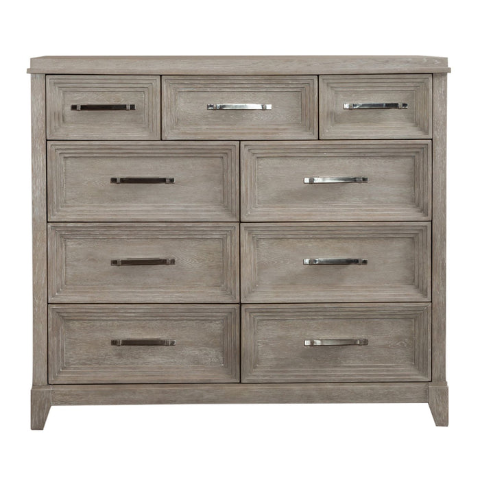 Belmar 9 Drawer Bureau Dresser in Washed Taupe and Silver Champagne