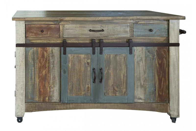 Antique Multicolor Kitchen Island w/3 Drawer, 2 sliding doors, 2 Mesh doors on each side and casters