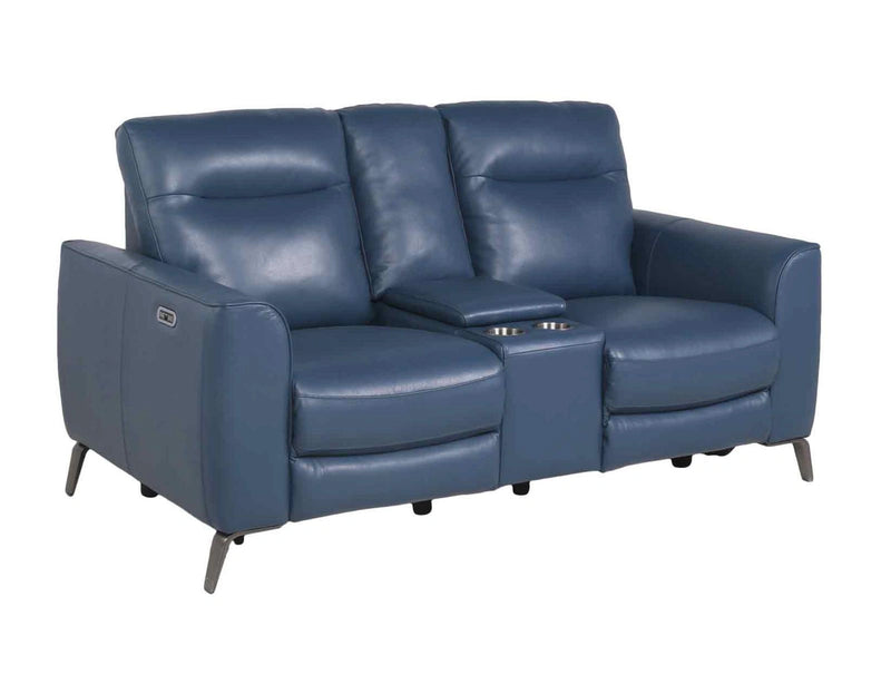 Steve Silver Sansa Leather Dual Power Reclining Console Loveseat in Ocean Blue