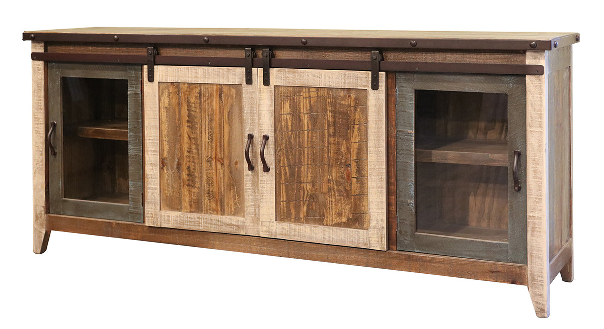 Antique Multicolor 80" TV Stand w/2 Glass doors w/1 middle shelf, 2 Sliding doors, w/2 shelves image